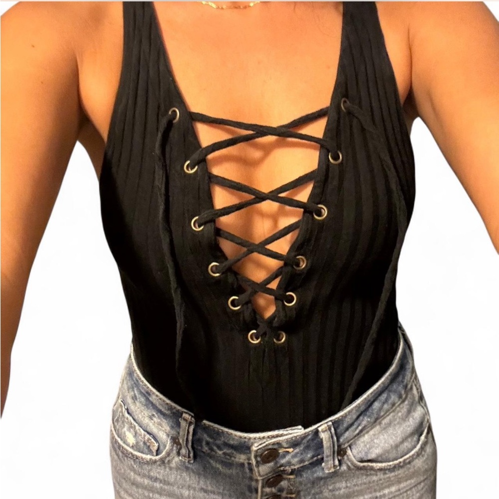 Show Me Your MuMu Black Ribbed Cut Out Bodysuit